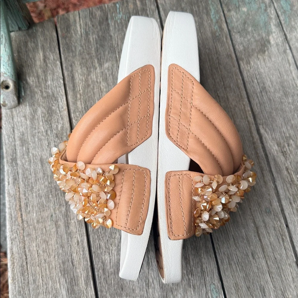 Embellished Tan Slide Sandals for Women - Bead Accent